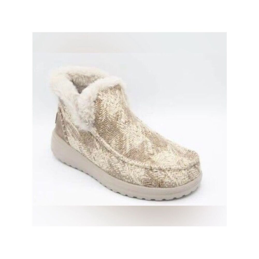Hey DUDE 8 Denny Cream Tan Gold Metallic Slip On Faux Fur Tweed Booties